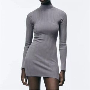 Zara Women's Long Sleeves Mini Dress Size M Gray Fitted Knit Stretch NWT $49.90